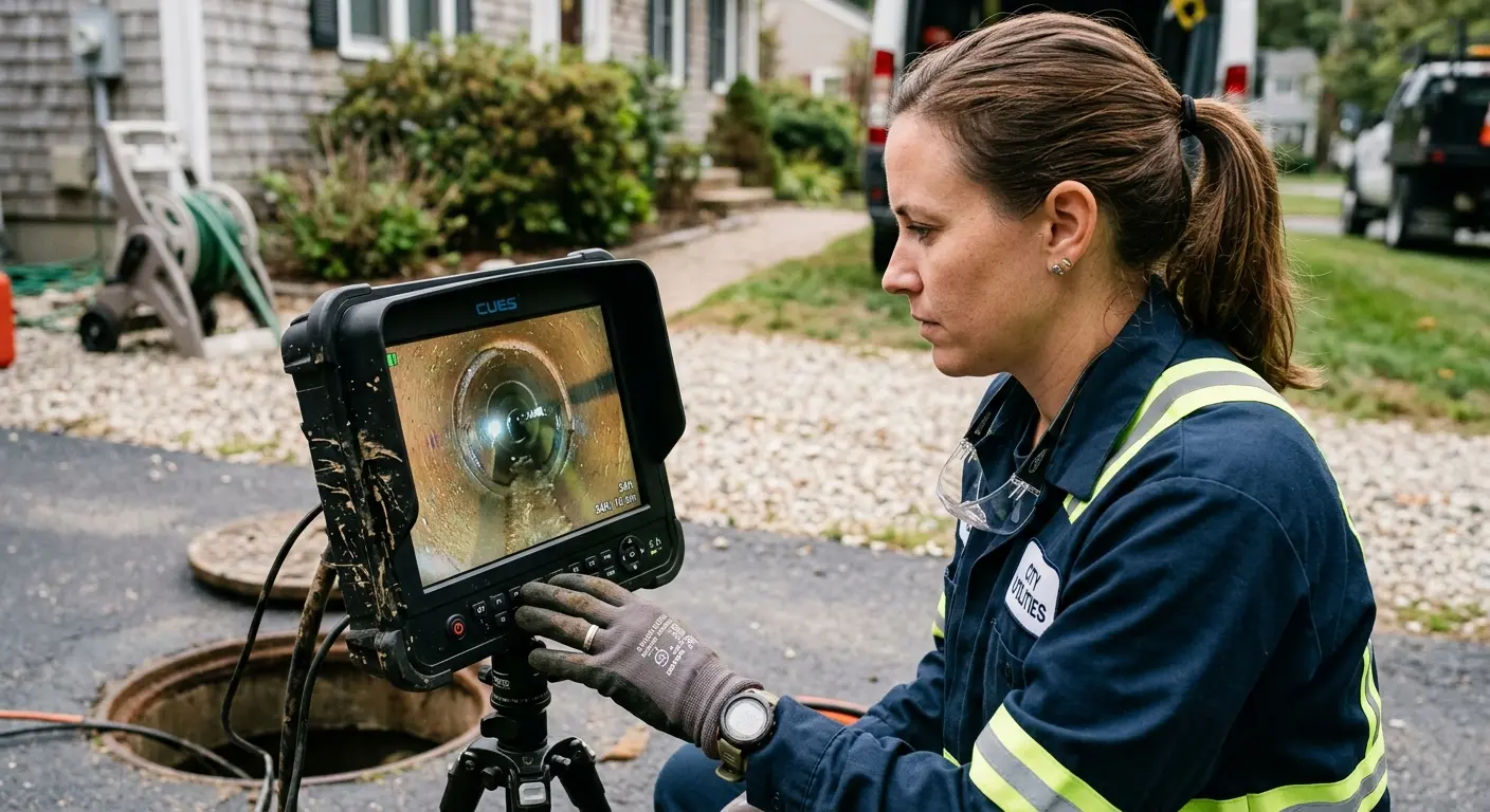 Technician reviewing sewer camera inspection footage in Los Alamos