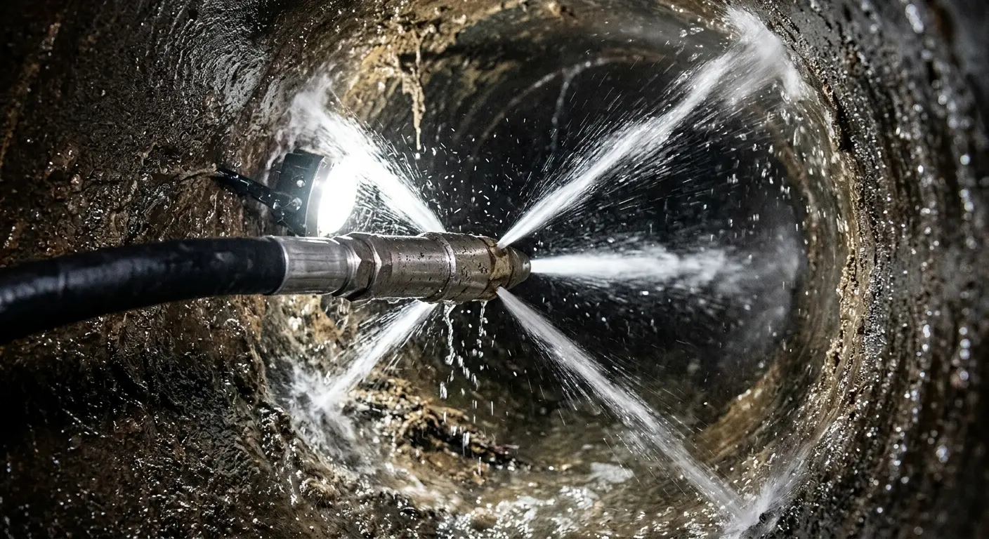 High-pressure hydro jetting nozzle cleaning sewer pipe for Storm Drain Cleaning in Los Alamos