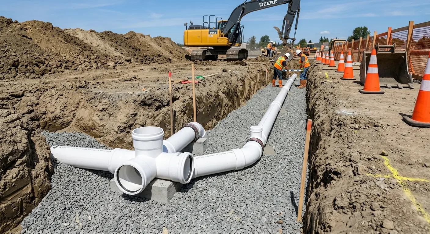 New PVC sewer pipe installation in open trench for Grease Trap Cleaning in Los Alamos